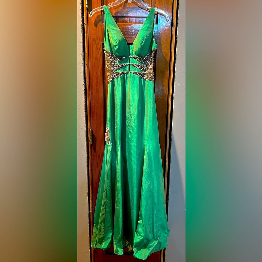 Jovani Iridescent Green Formal Gown, Rhinestone Embellishment